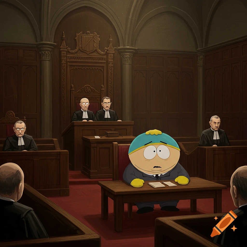 Cartoon character Eric Cartman sits at a table in a detailed courtroom, with judges in robes looking on.