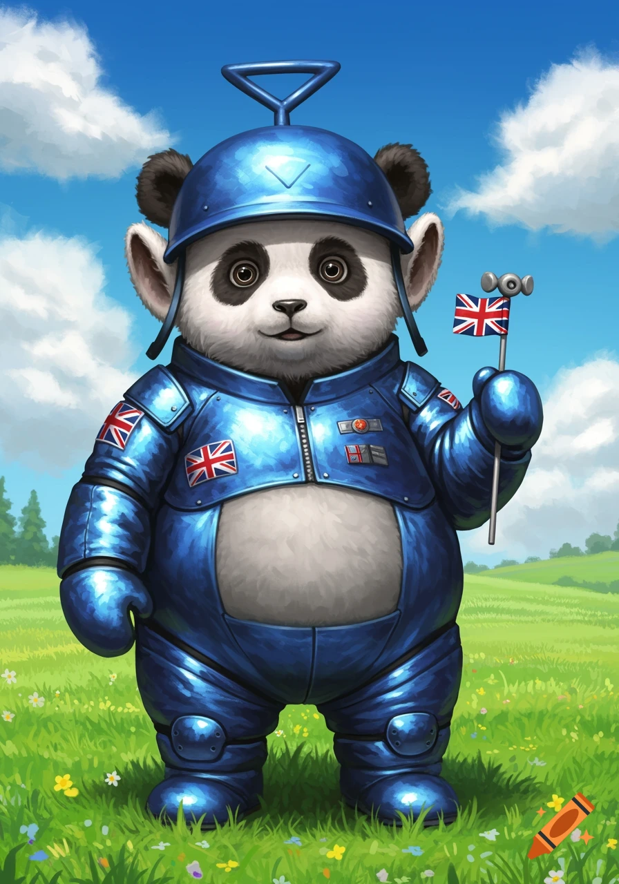 A cute panda in a blue metallic Teletubby-like helmet and suit holds a British flag in a grassy field under a blue sky.