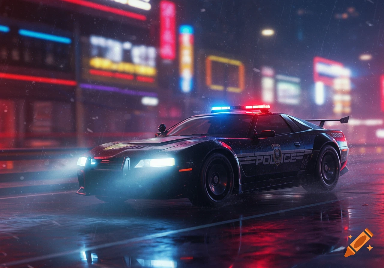 A sleek black police car with red and blue flashing lights drives on a wet city street at night, with neon-lit buildings blurred in the background.