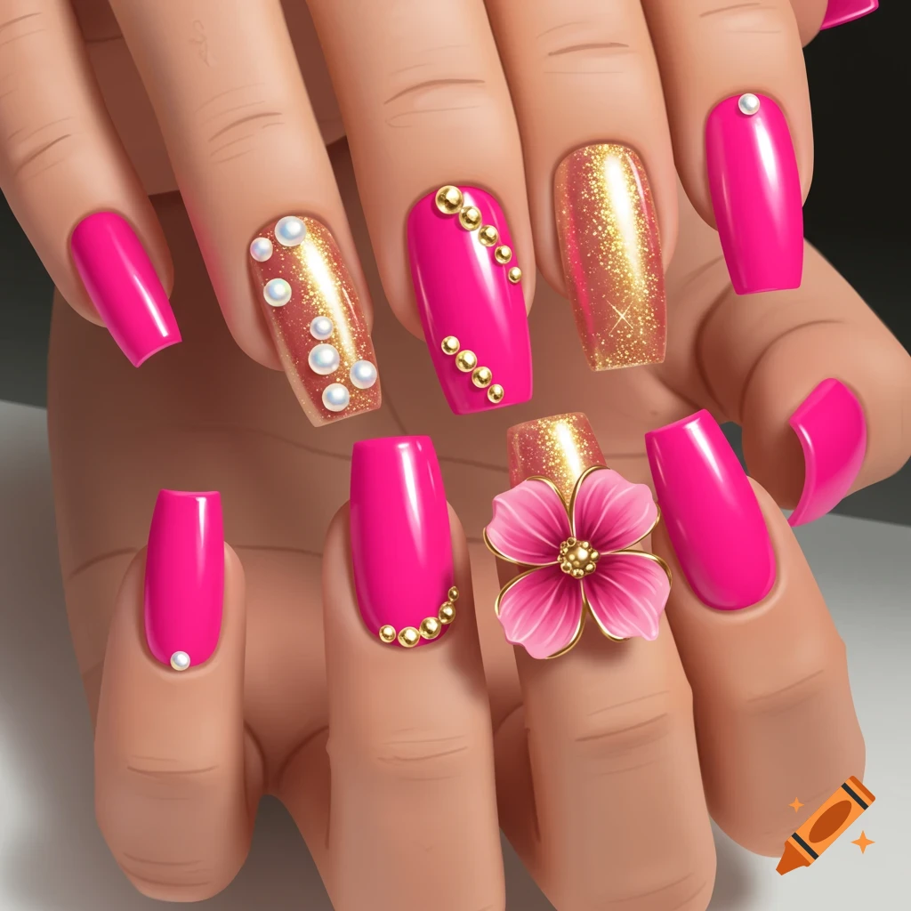 Close-up of hands with bright pink and gold manicured nails, featuring pearls, gold studs, and a pink acrylic flower.