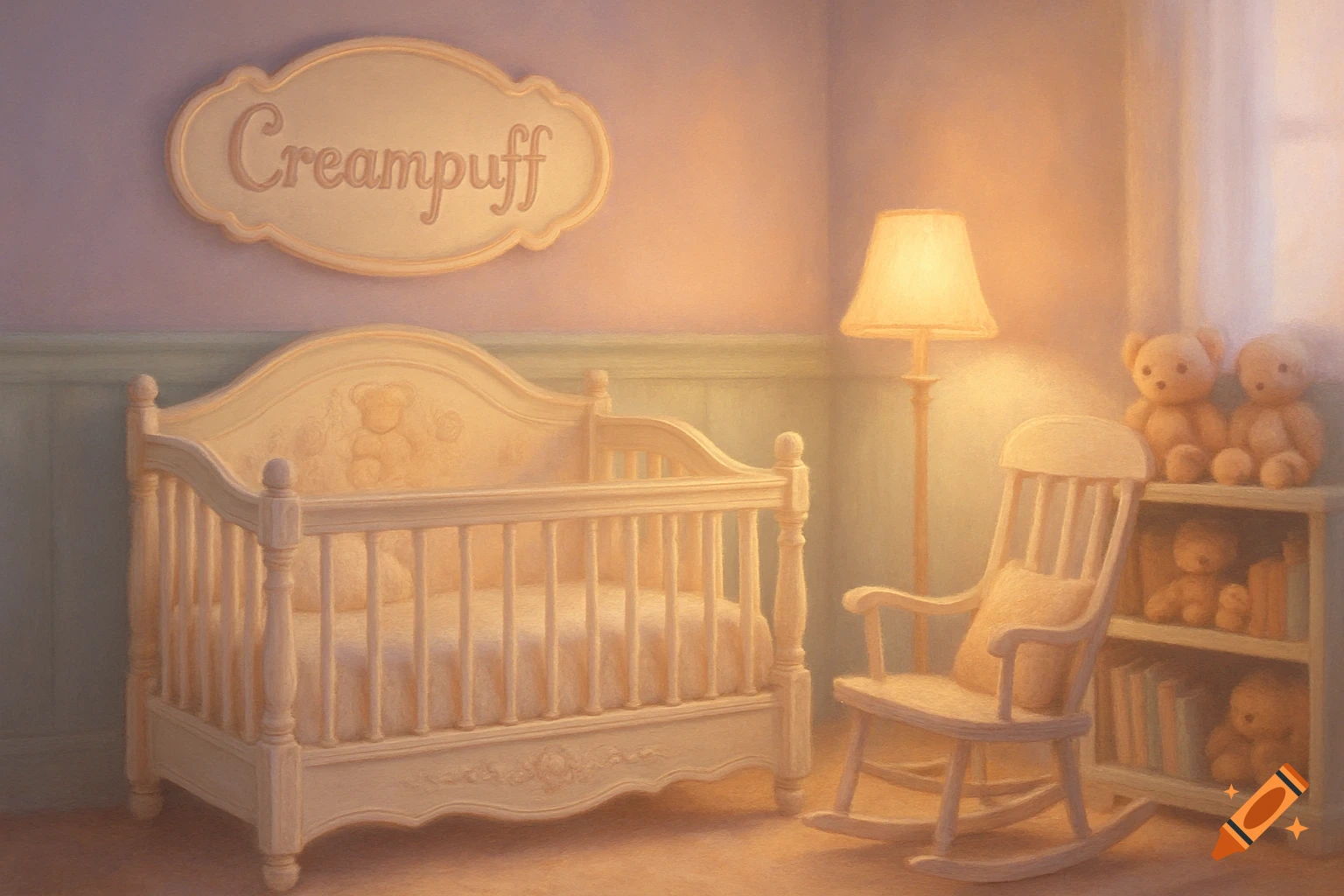 A cozy nursery room with a crib, rocking chair, and a sign above the crib that reads "Creampuff". Soft, warm lighting.