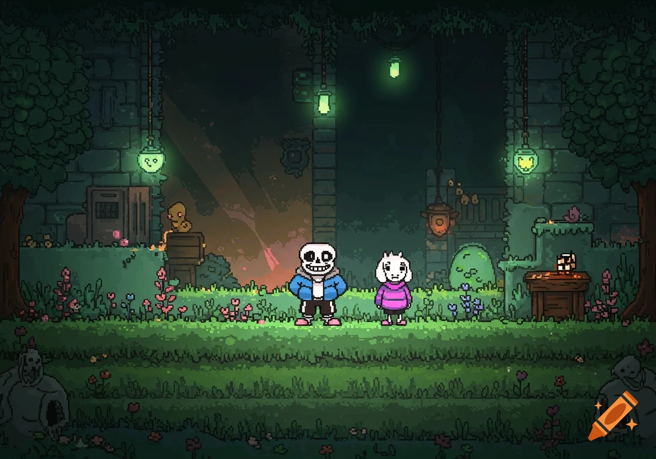 Pixel art scene featuring Sans and Asriel from Undertale in a green, mossy, overgrown ruins setting with lanterns and flowers.