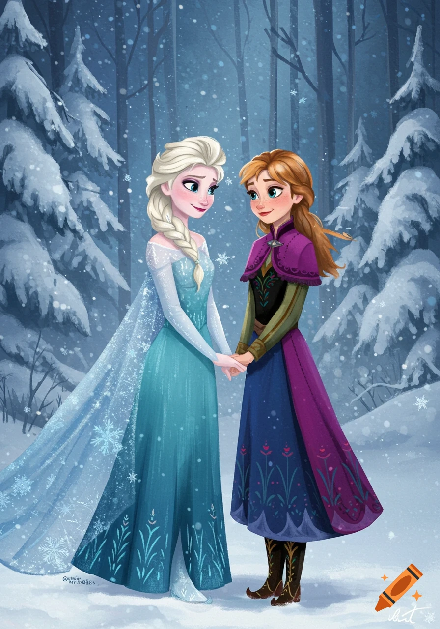 Elsa and Anna from Frozen hold hands in a snowy forest with falling snow in an illustrated style.