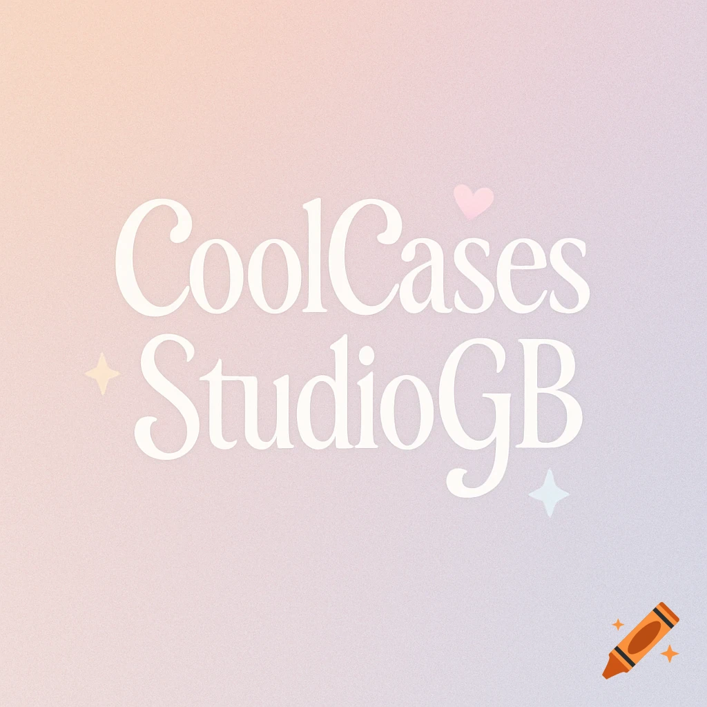 A logo with white text 'CoolCases StudioGB' on a pastel pink and purple gradient background, with a small pink heart and two star shapes.