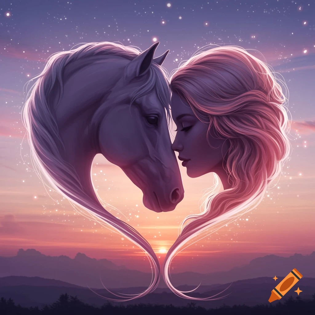A dreamlike image of a horse's head and a woman's profile touching, their forms curving to create a heart shape against a starry sunset sky.