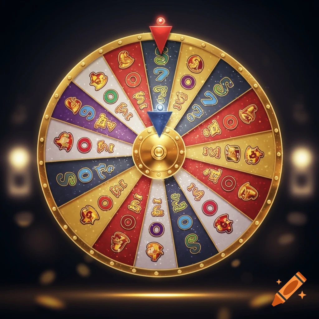 A colorful prize spinning wheel with a golden rim, featuring various symbols and stylized numbers in its segments against a dark background.