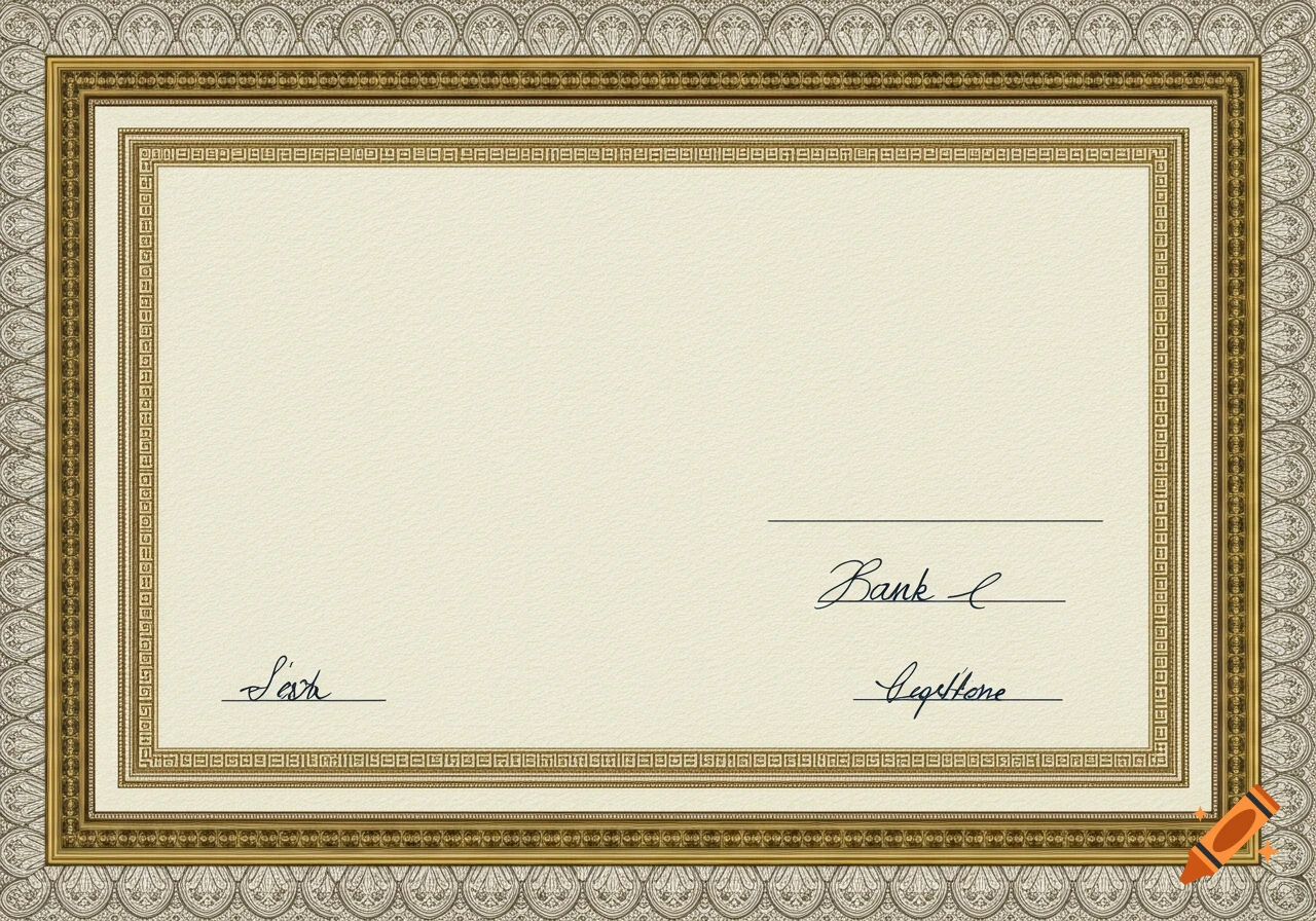 An empty bank certificate or diploma template with an ornate gold and white decorative border, and placeholder handwritten lines.