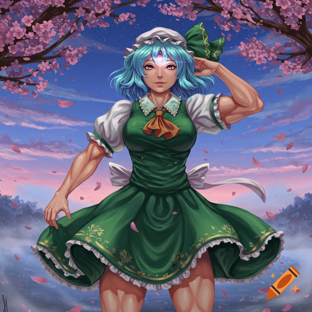 Anime art of a muscular Koishi Komeji with blue hair, a third eye, and a green dress, standing under pink cherry blossom trees against a dramatic sky.