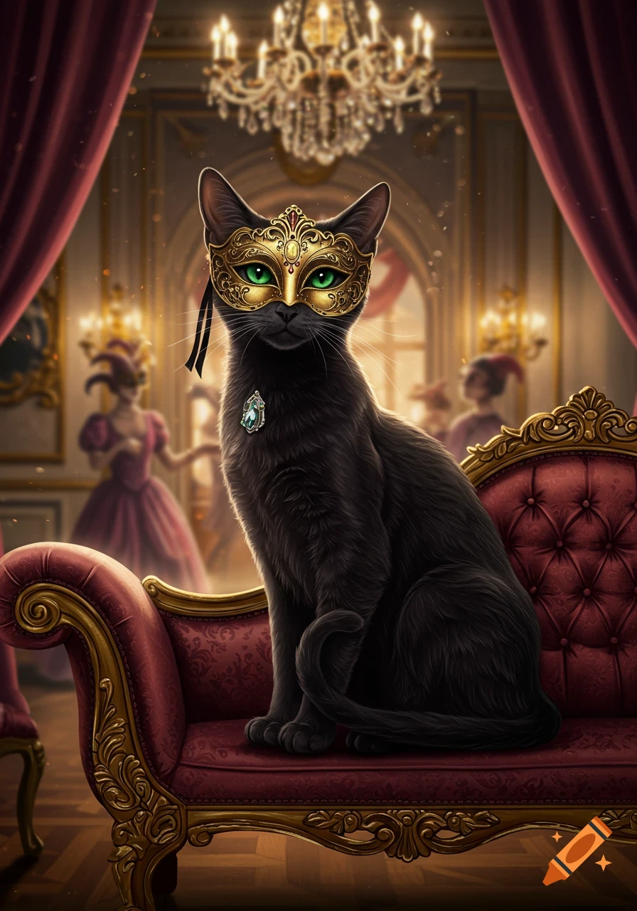 A black cat with a golden masquerade mask and green eyes sits on a red chaise lounge in a grand ballroom.