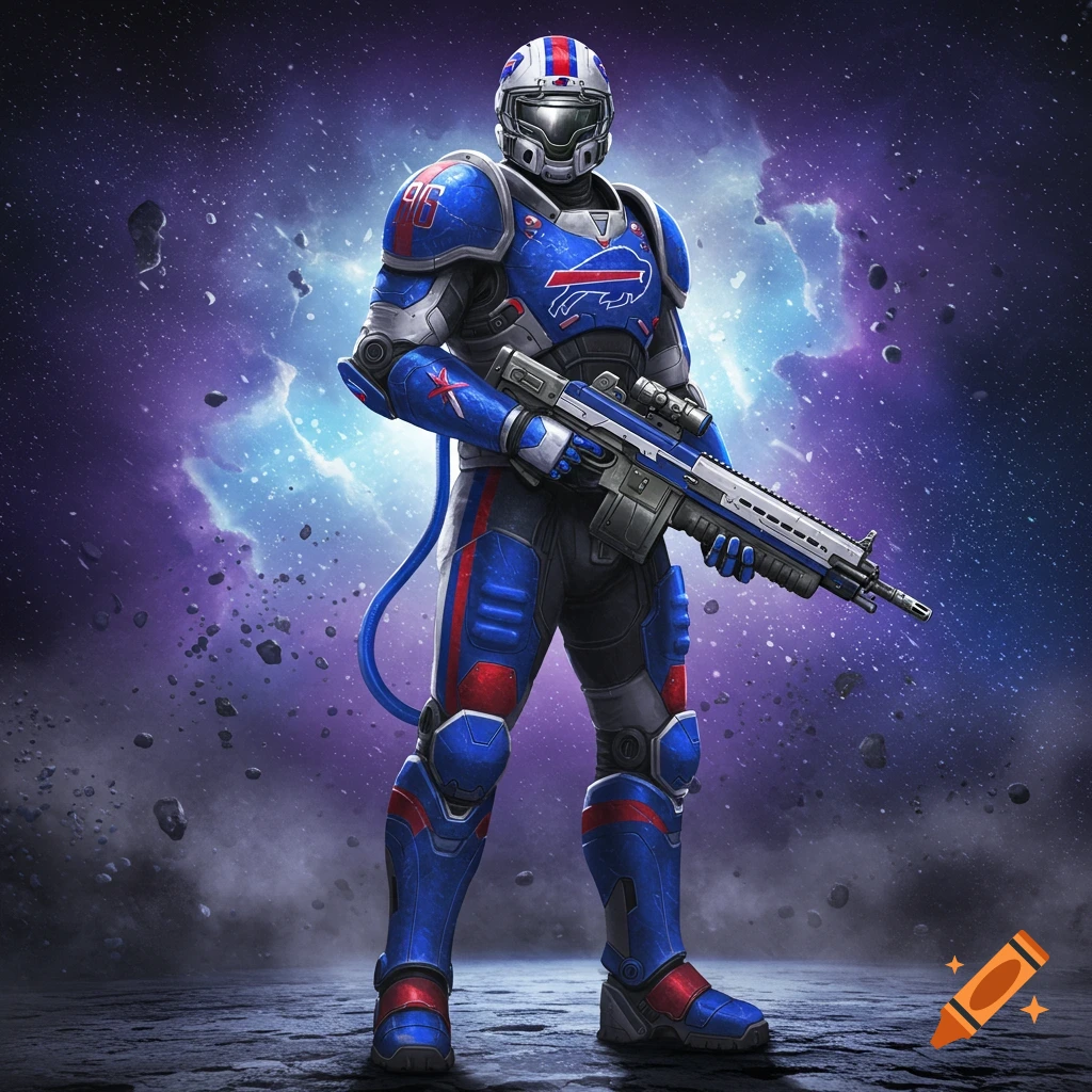 A futuristic space marine in blue and red Buffalo Bills armor, holding a rifle against a cosmic background.
