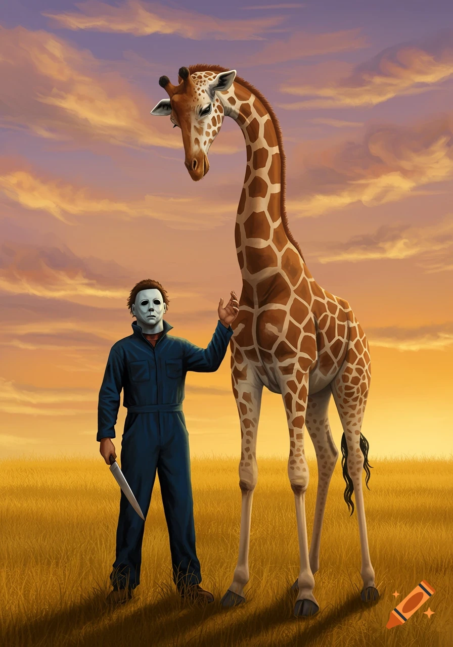 Michael Myers stands next to a tall giraffe in a golden field under a vibrant sunset sky, holding a knife.