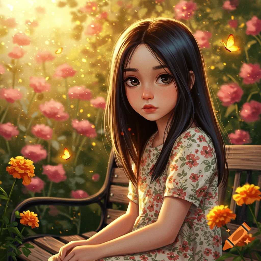 A digitally painted young girl with long dark hair sits on a bench in a bright, dreamy garden filled with pink and orange flowers and butterflies.