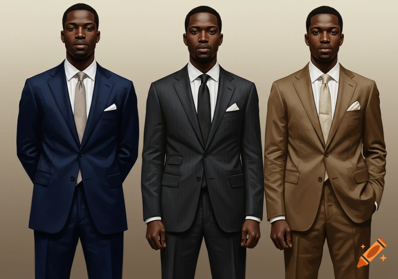 Three Black men in modern, tailored suits: navy blue, charcoal gray, and tan, standing professionally against a neutral background.