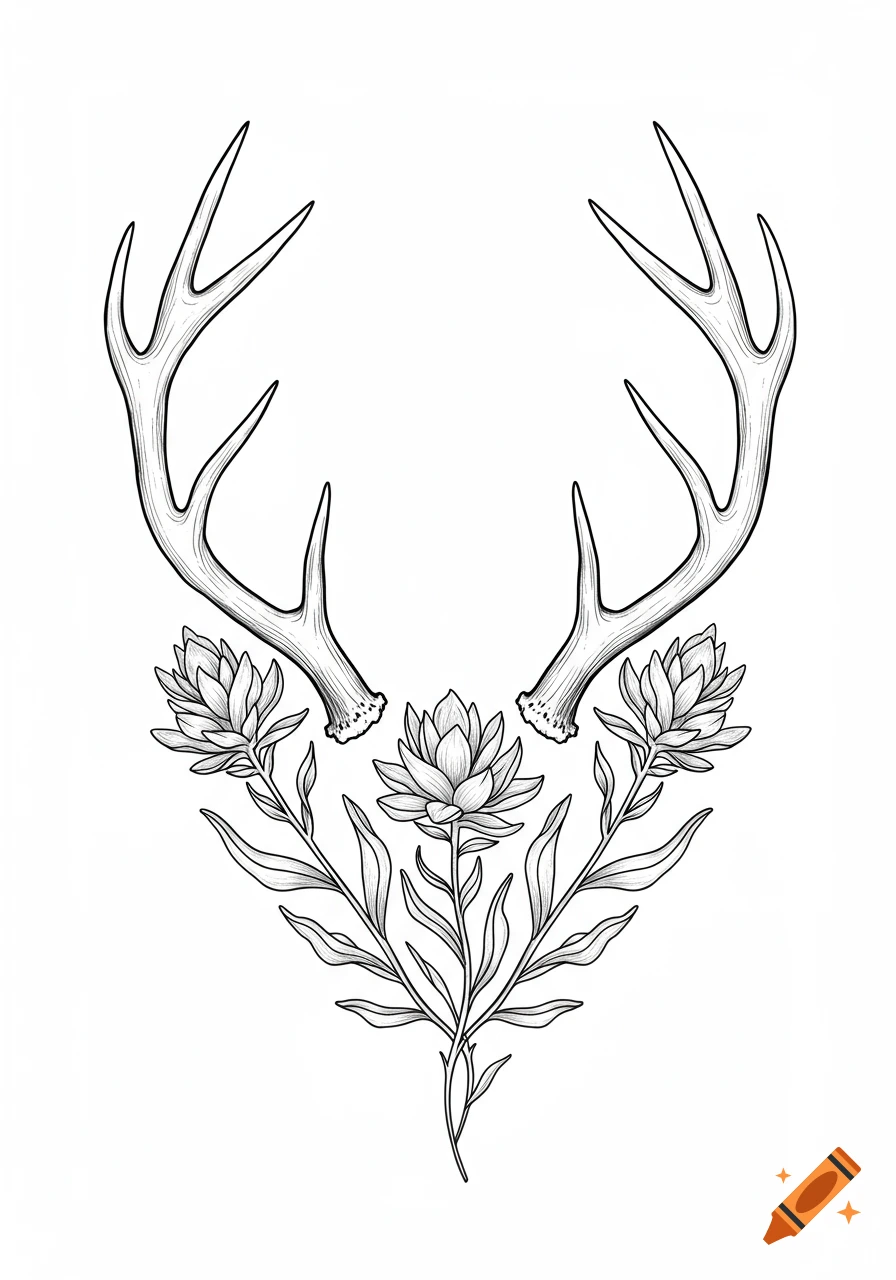 Black and white line drawing of two deer antlers with Indian paintbrush flowers wrapped around the base.