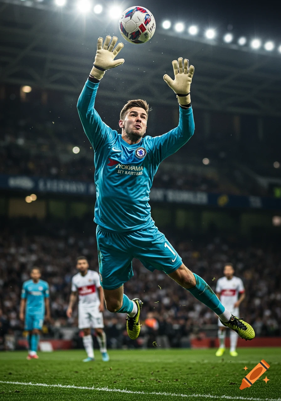 A photorealistic image of a soccer goalkeeper in a teal uniform jumping to catch a ball mid-air during a night game.