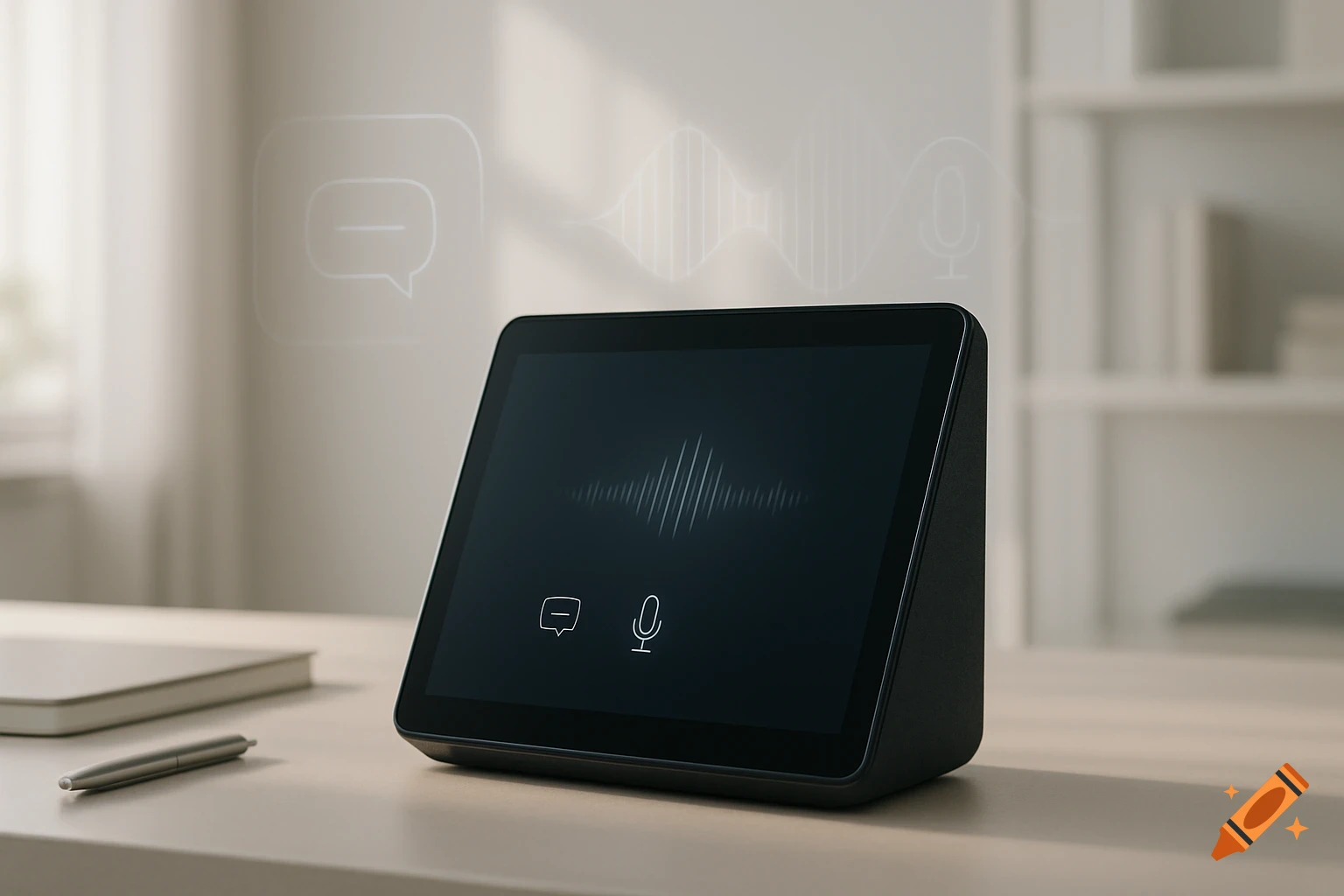 A sleek black smart assistant device with a glowing screen showing AI interface icons and a waveform, sits on a minimalist desk with a pen and notebook, in a well-lit modern office space.
