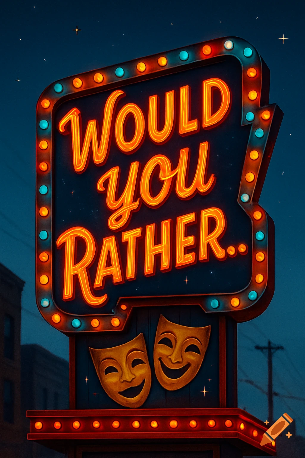 A vibrant neon sign against a dark sky, reading 'WOULD YOU RATHER..' with two gold theatre masks (comedy and tragedy) below.