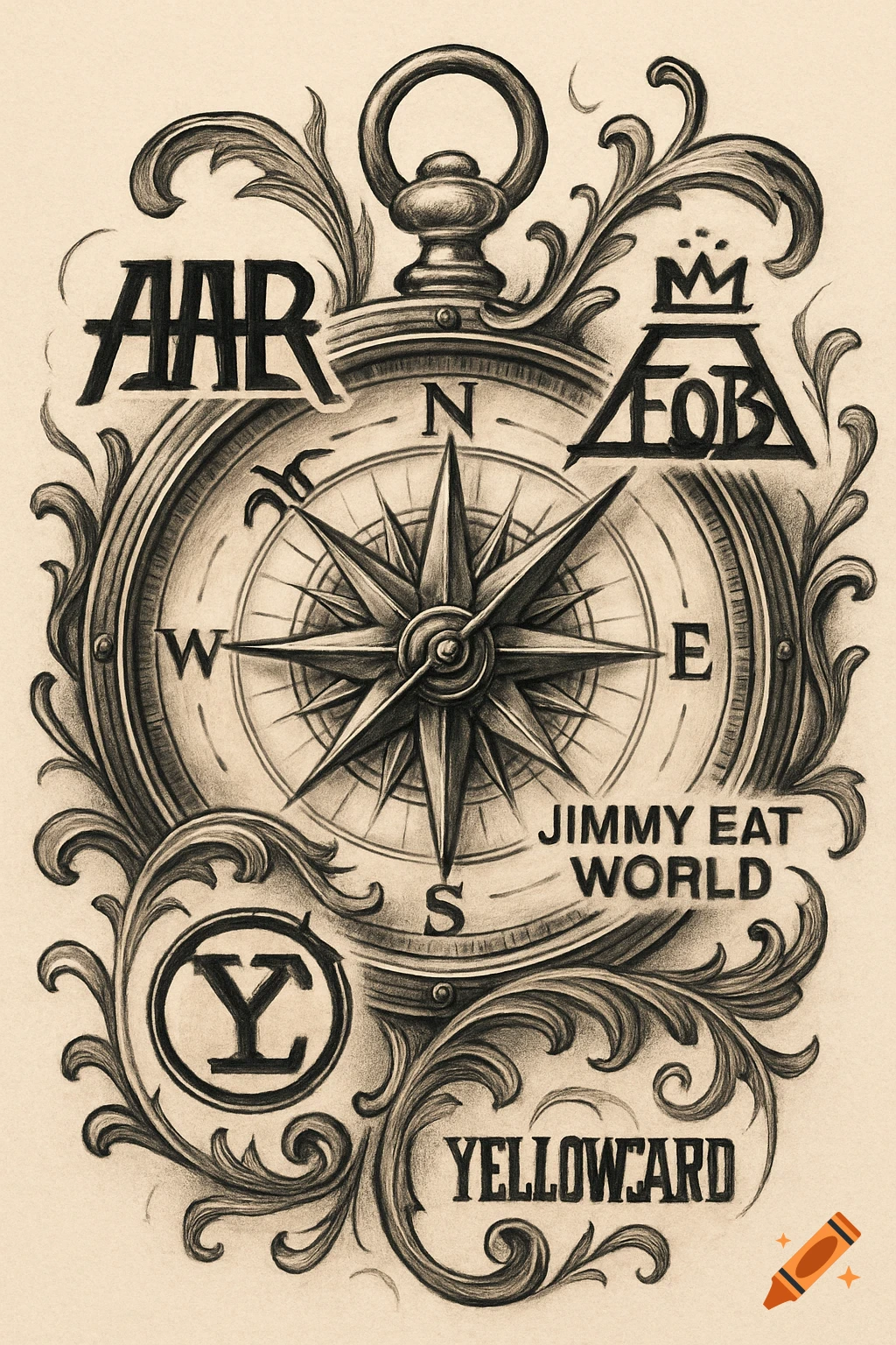 Black and white vintage-style illustration of an ornate compass with band logos: AAR, FOB, Jimmy Eat World, Yellowcard.