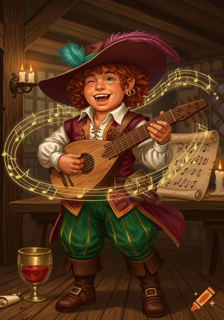 A joyful, winking fantasy bard with curly red hair plays a lute, surrounded by floating musical notes in a detailed tavern setting.