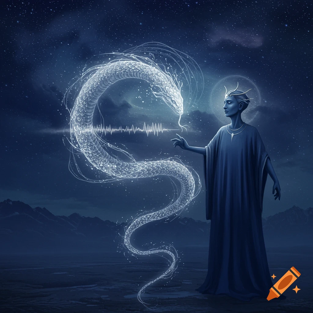 A robed figure with a glowing aura interacts with a luminous serpent under a starry sky, connected by a soundwave.