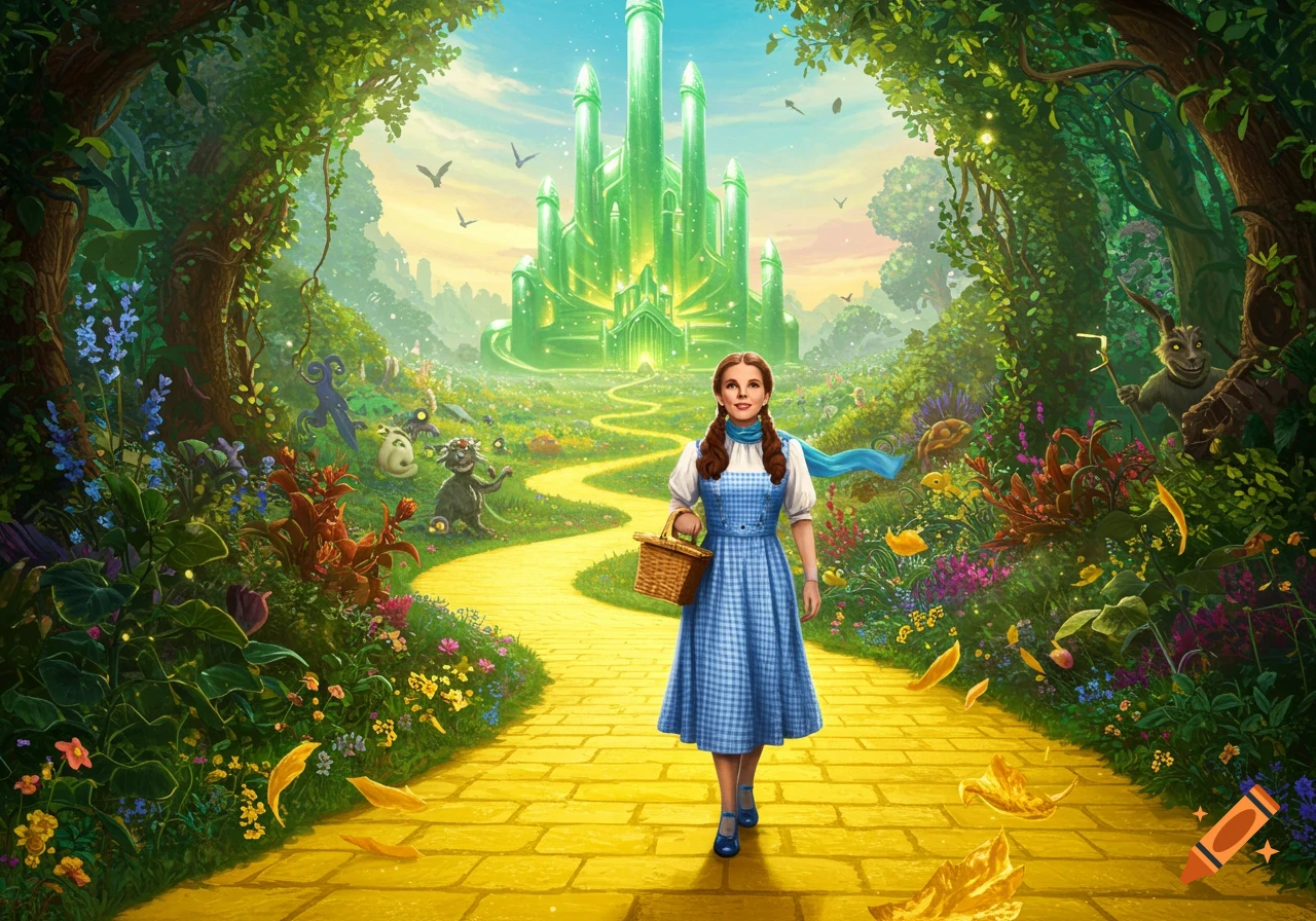 Dorothy, in a blue gingham dress, walks down a winding yellow brick road through a vibrant, magical forest toward a glowing green Emerald City.