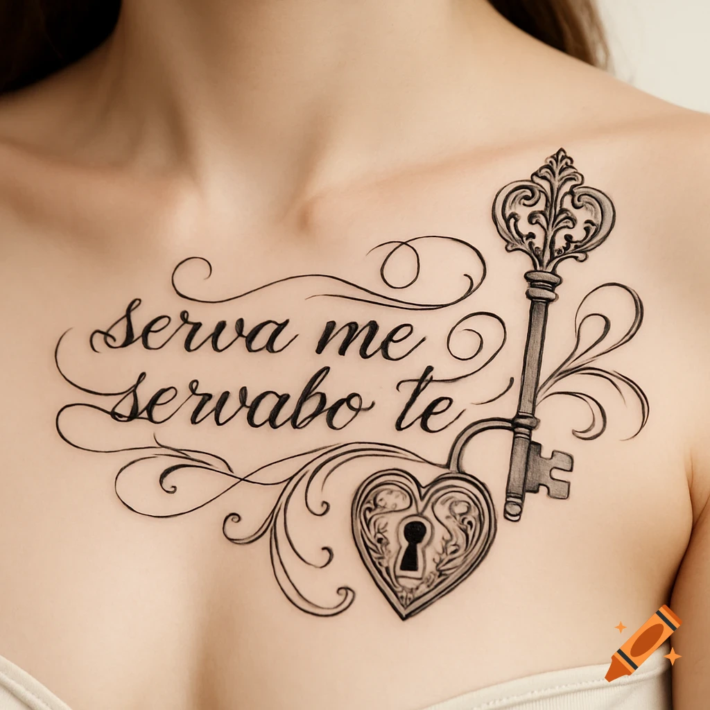 Close-up of a detailed black tattoo on a person's chest featuring the Latin phrase 'Serva me servabo te', an ornate key, and a heart-shaped lock.