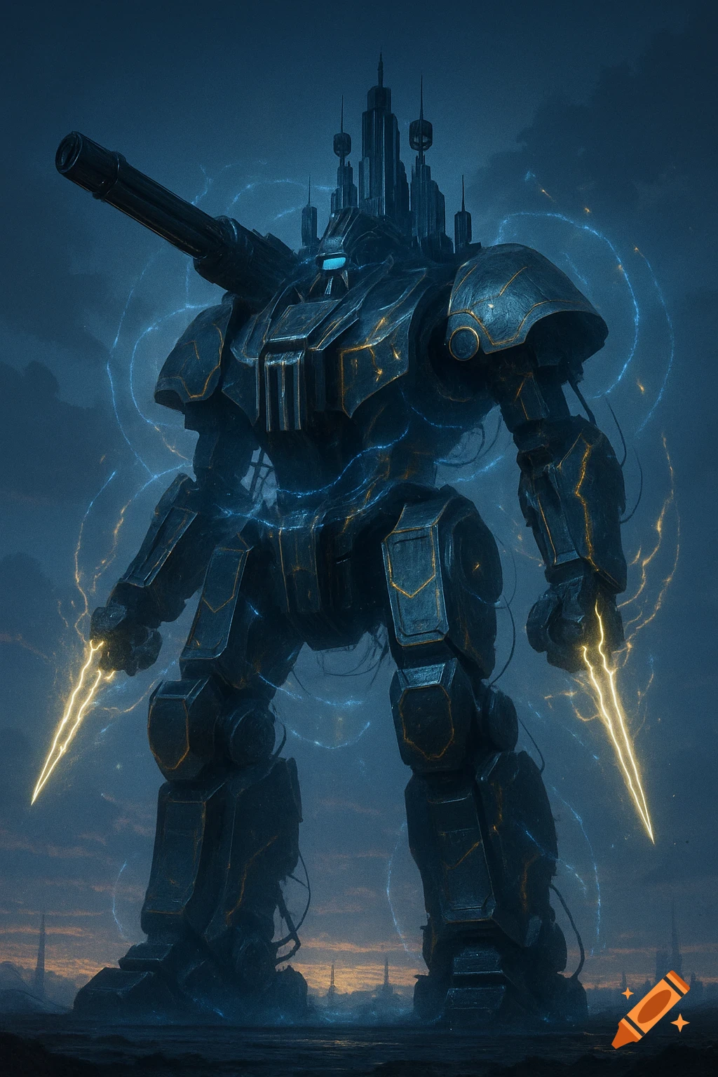 A towering, dark blue and gold futuristic war mech with a large cannon and glowing energy blades stands in a desolate landscape under a cloudy sky.
