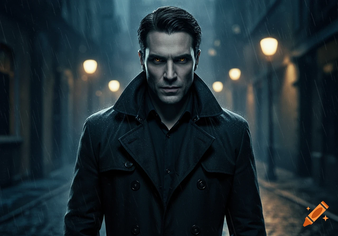 Photorealistic portrait of a man with glowing orange eyes in a black trench coat, standing in the rain on a dark street.