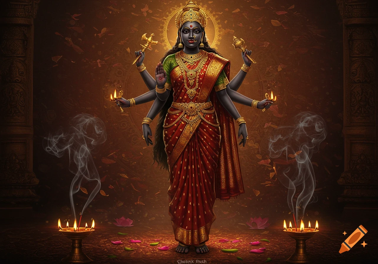 A dark-skinned Hindu goddess, possibly Kali, with multiple arms and golden jewelry, stands against a warm, ornate background with lit oil lamps and incense smoke.