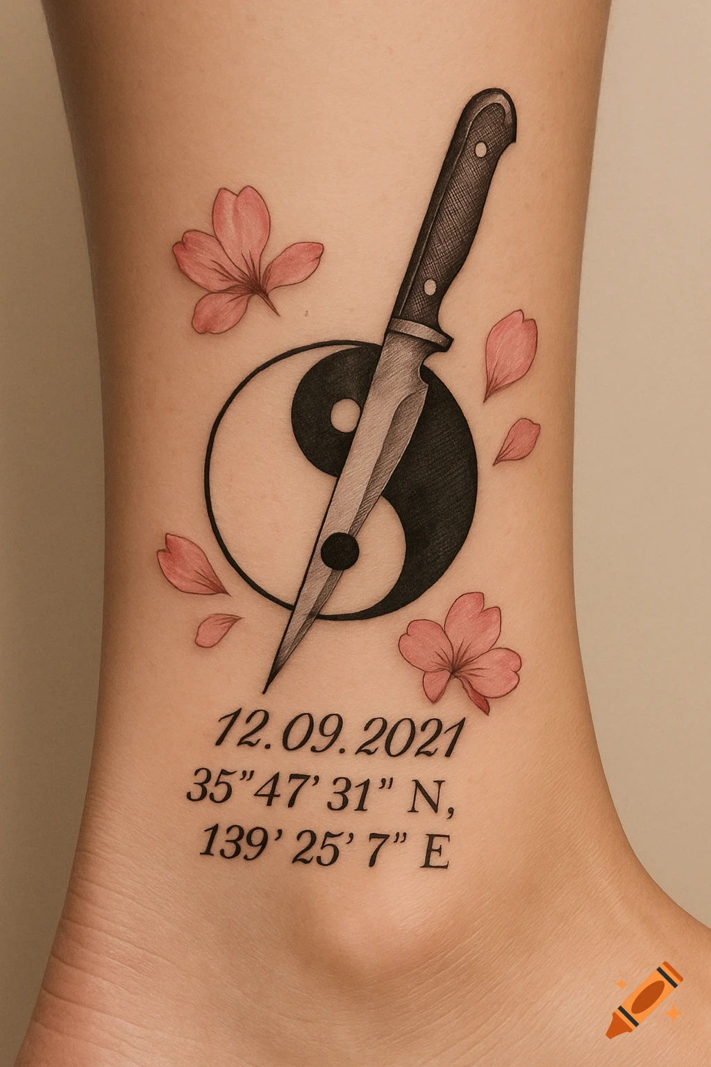 An ankle tattoo featuring a black and white yin-yang symbol, a silver knife, pink cherry blossoms, a date, and coordinates.