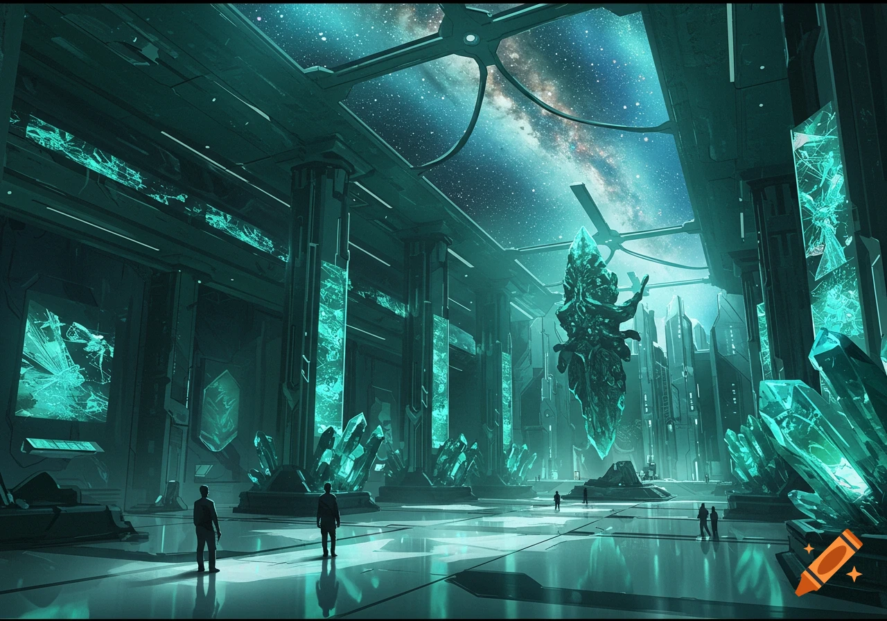 A grand, tall sci-fi museum hall with glowing teal crystals, large pillars, and a ceiling showing a starry galaxy. Small figures stand on the reflective floor.