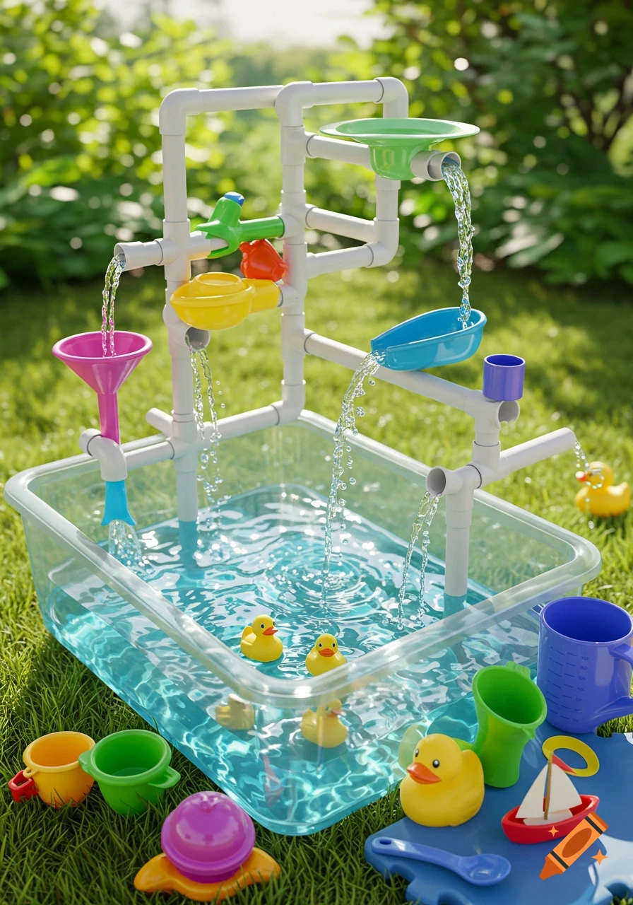 A colorful outdoor water play station made of white PVC pipes with funnels, cups, and basins, with water flowing into a clear tub filled with rubber ducks and other toys on green grass.