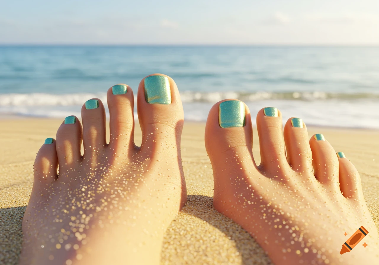Close-up, low-angle view of two feet with teal painted toenails on a sandy beach, with the ocean and sky in the background.