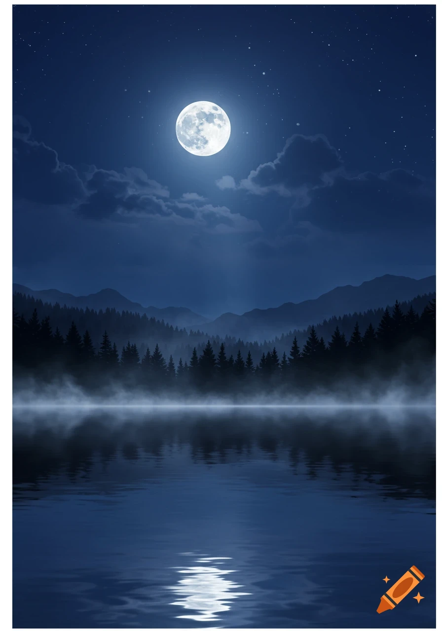 A large full moon illuminates a dark night sky with stars, casting light over misty water, silhouetted forests, and mountains.