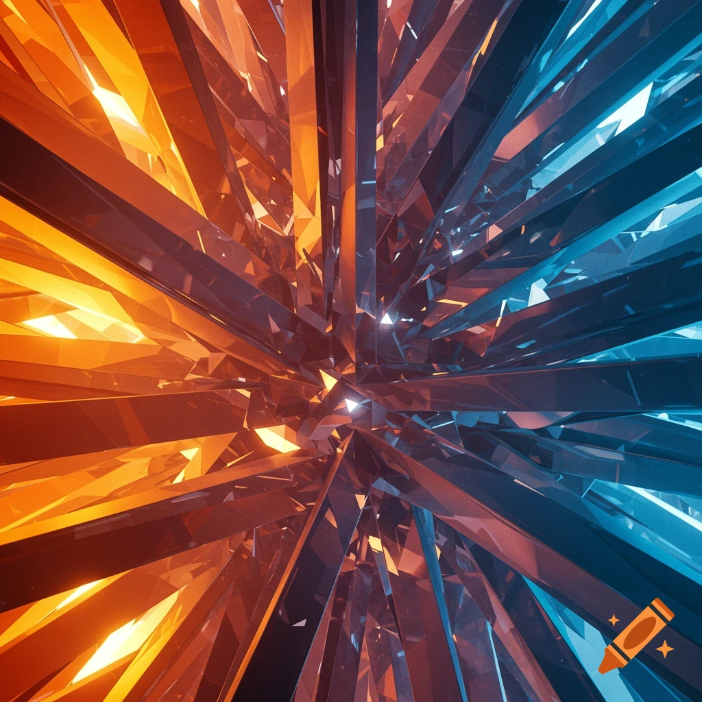 An abstract image of sharp, reflective geometric shapes in glowing orange and blue, converging towards a central point.