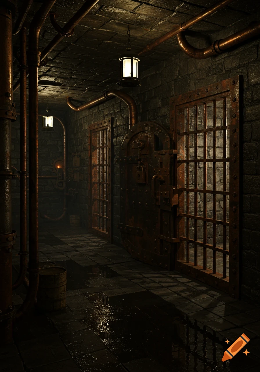 A dark, gritty dungeon corridor with rusty pipes, stone walls, two heavy metal cell doors, one open, illuminated by lanterns.
