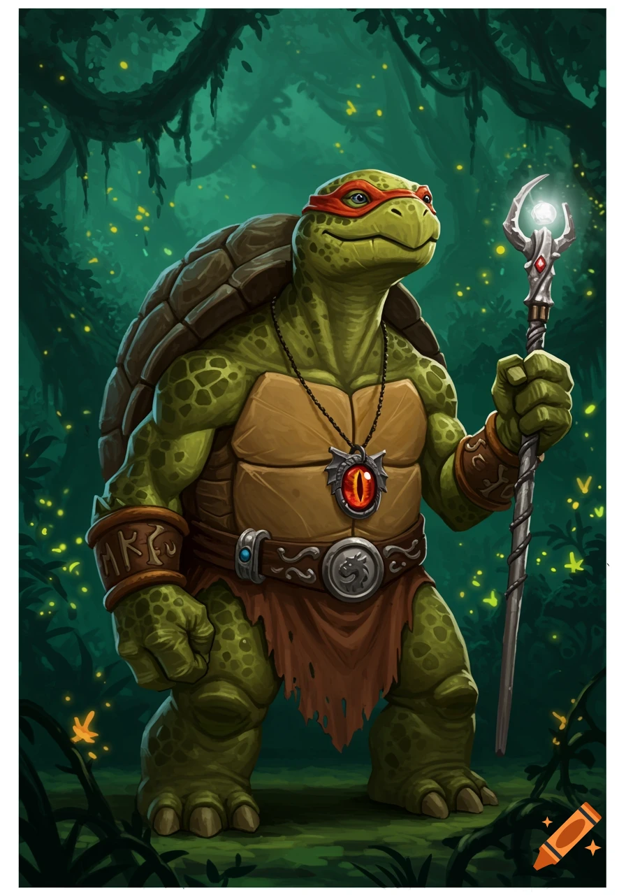 A muscular, green anthropomorphic tortle wizard wearing a red mask, bracers, and an eye-shaped necklace, holding a glowing staff in a magical forest.