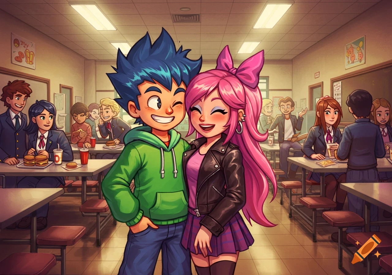 A happy cartoon couple, a boy with blue spiky hair and a girl with long pink hair, smile in a busy school cafeteria. Animated style.