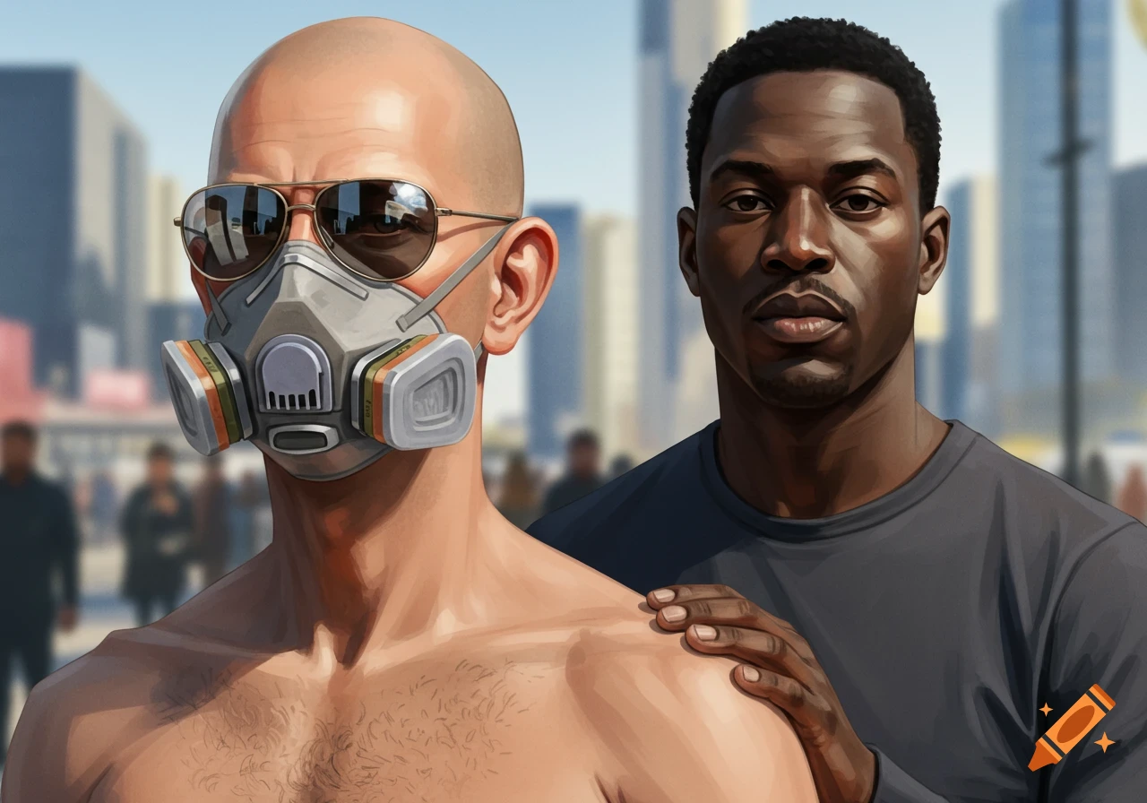 A bald White man in sunglasses and a respirator mask stands shirtless next to an African American man in a dark shirt, who rests a hand on the shirtless man's shoulder. They are in an urban setting with buildings in the background.