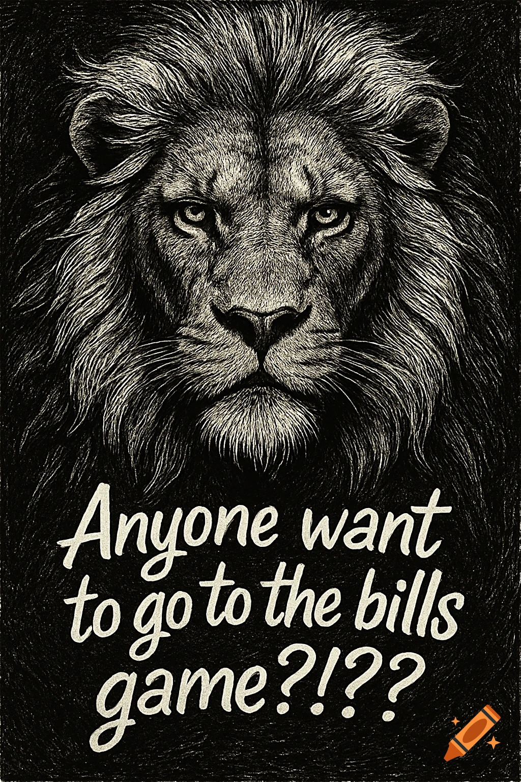 Black and white illustration of a detailed lion's head with the text 'Anyone want to go to the bills game?!?!?' below it.