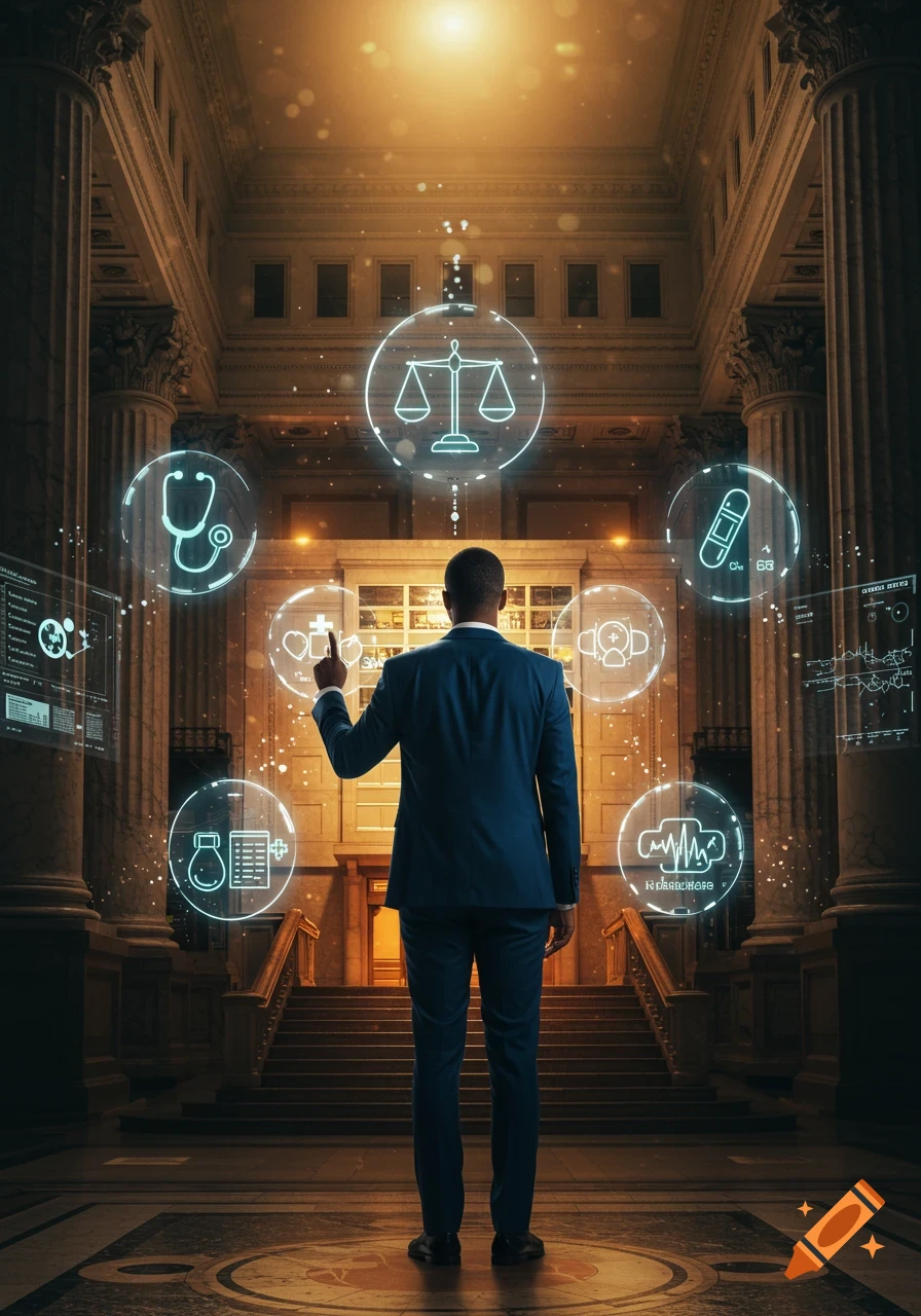 A man in a blue suit stands in a grand hall, interacting with floating holographic icons representing law and medicine.
