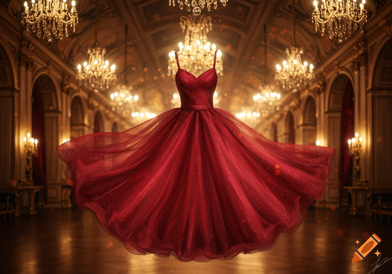 A vibrant red ball gown with a flowing tulle skirt floats in a lavish ballroom with golden chandeliers.