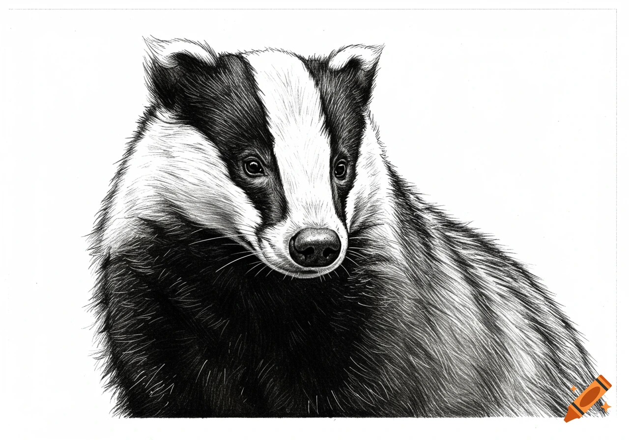 A detailed black and white drawing of a badger looking forward against a white background.