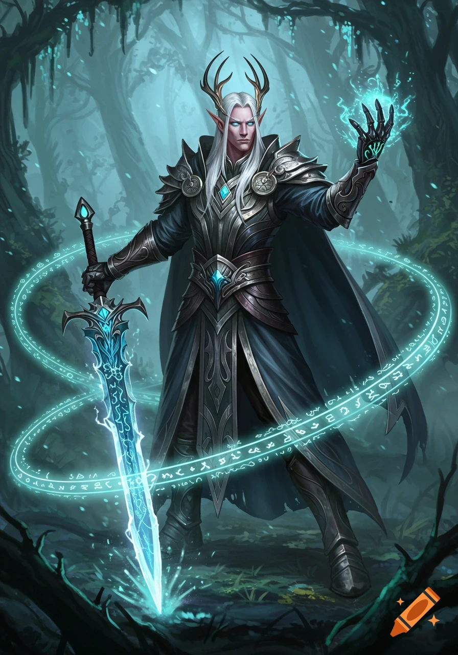 An elven magus in armor with antlers and a glowing magic sword in a mystical forest.