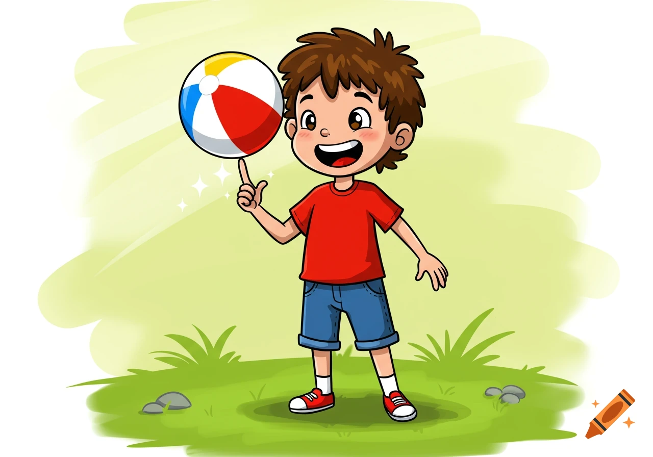 A happy cartoon boy in a red shirt and blue shorts balances a colorful beach ball on his finger on a grassy background.