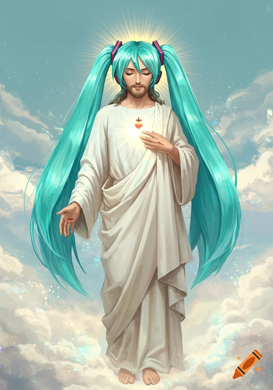 A figure resembling Jesus Christ with Hatsune Miku's teal pigtails and headphones, standing on clouds with a halo and sacred heart, in an anime art style.