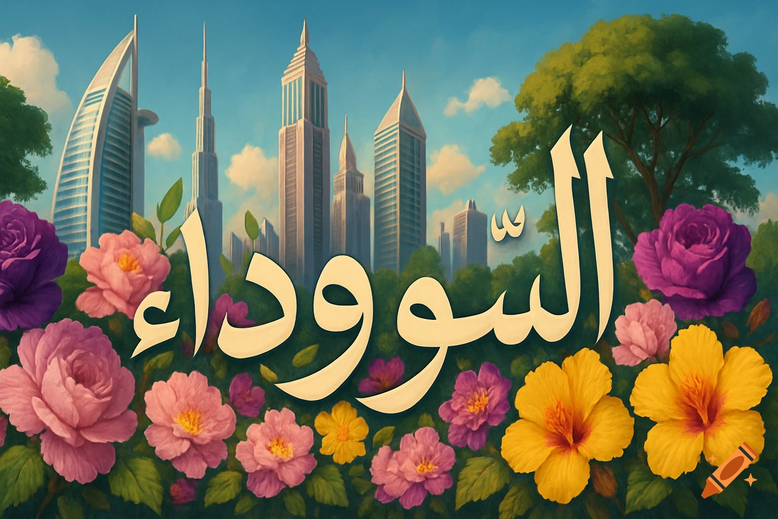 Large Arabic calligraphy surrounded by colorful flowers, with modern skyscrapers and trees under a blue sky.