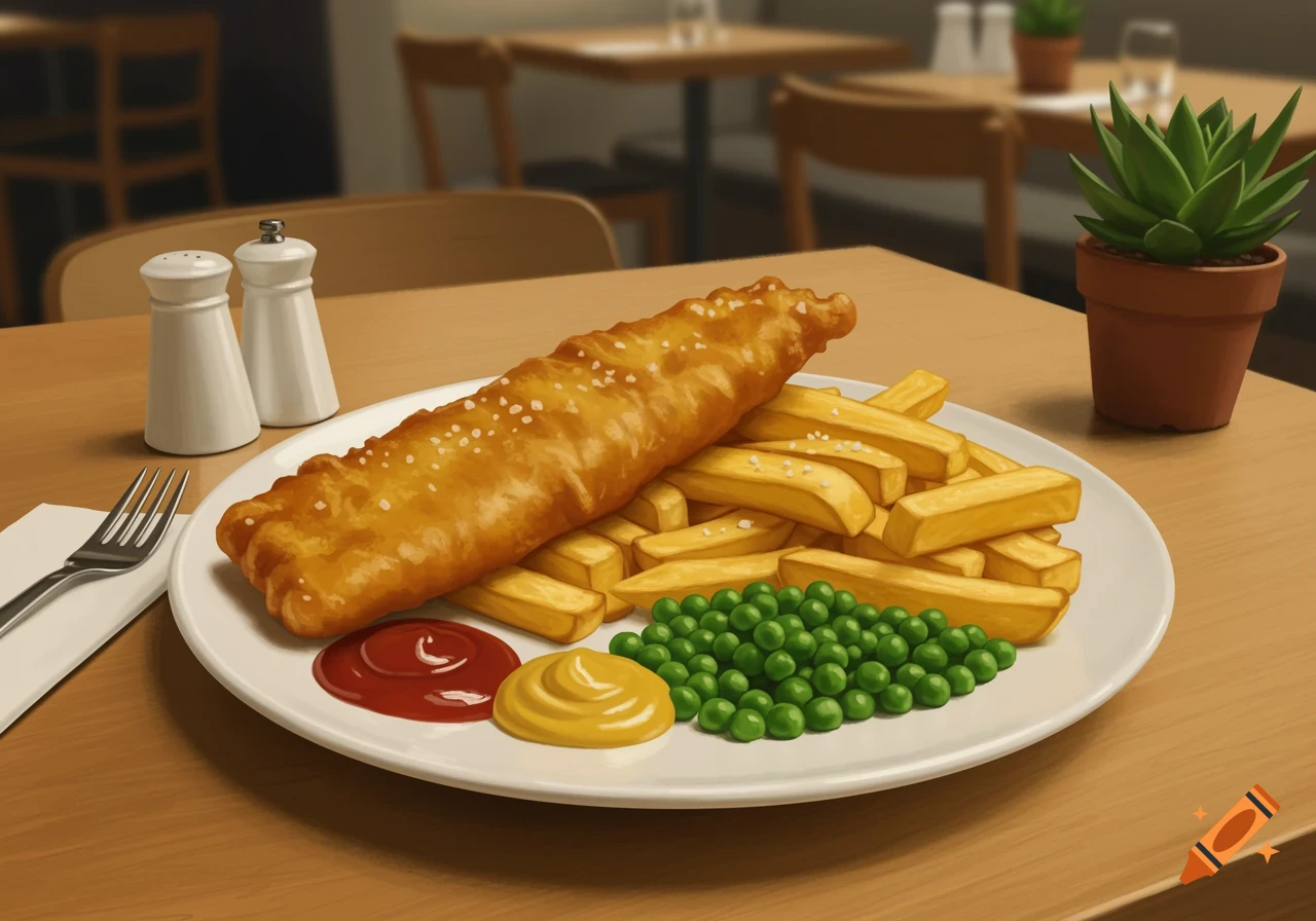 Digital painting of a plate of fish and chips, peas, ketchup, and mustard on a wooden table in a restaurant.