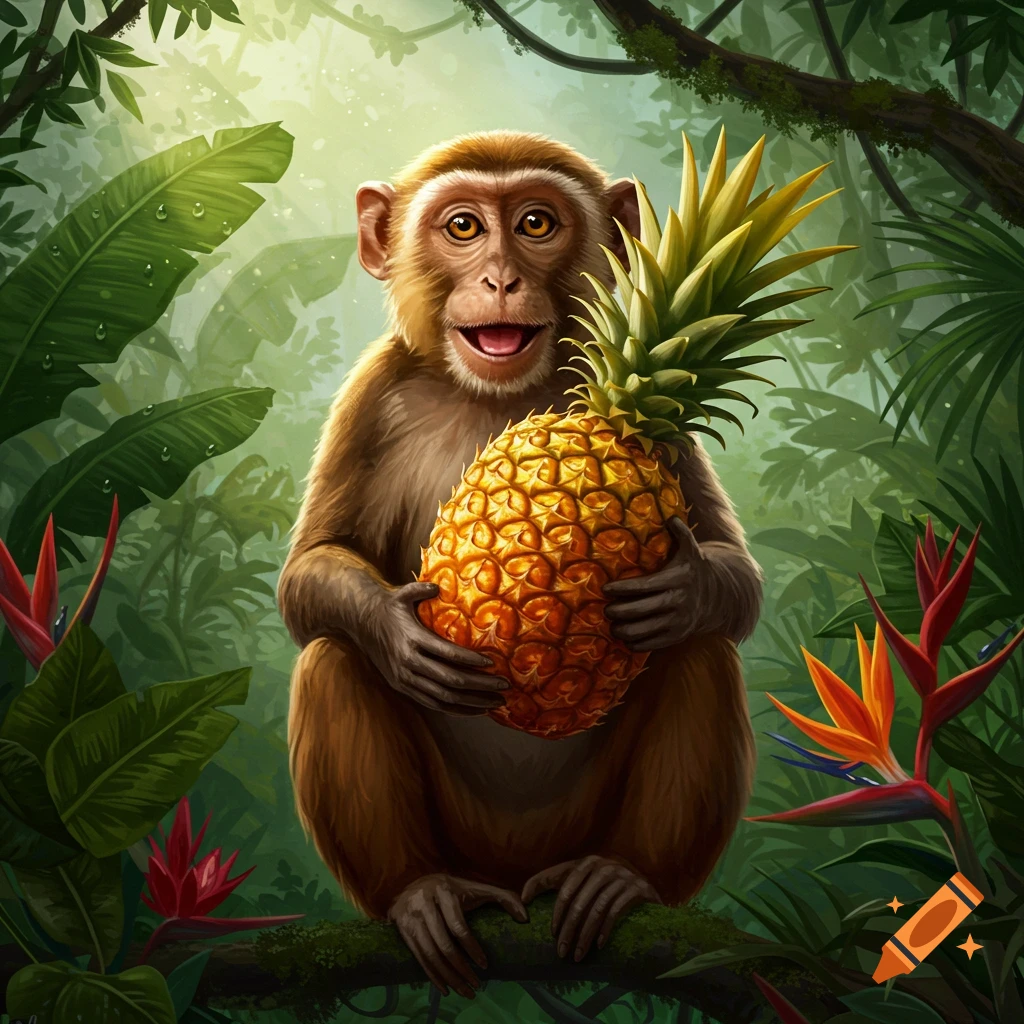 An illustration of a smiling monkey sitting in a jungle and holding a pineapple.