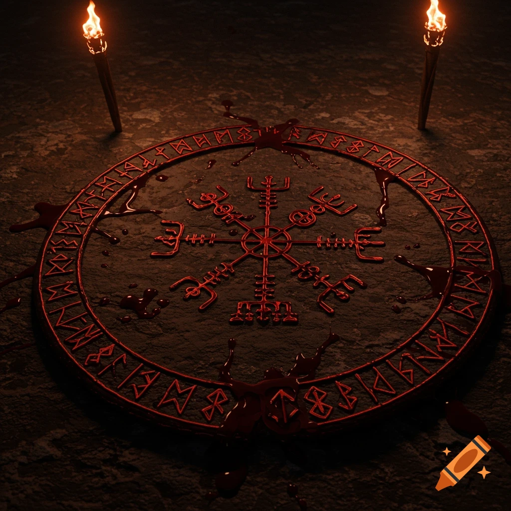A glowing red circular symbol resembling a Viking Vegvisir compass and runes, splattered with dark red liquid, on a stone surface, lit by two torches.